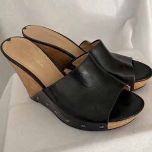 Via Spiga Black Leather Wedge Sandal